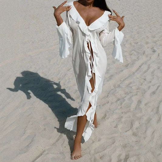 Women's Beach Dress – Long Sleeve – Light Fabric – Open Front with Ruffle Details