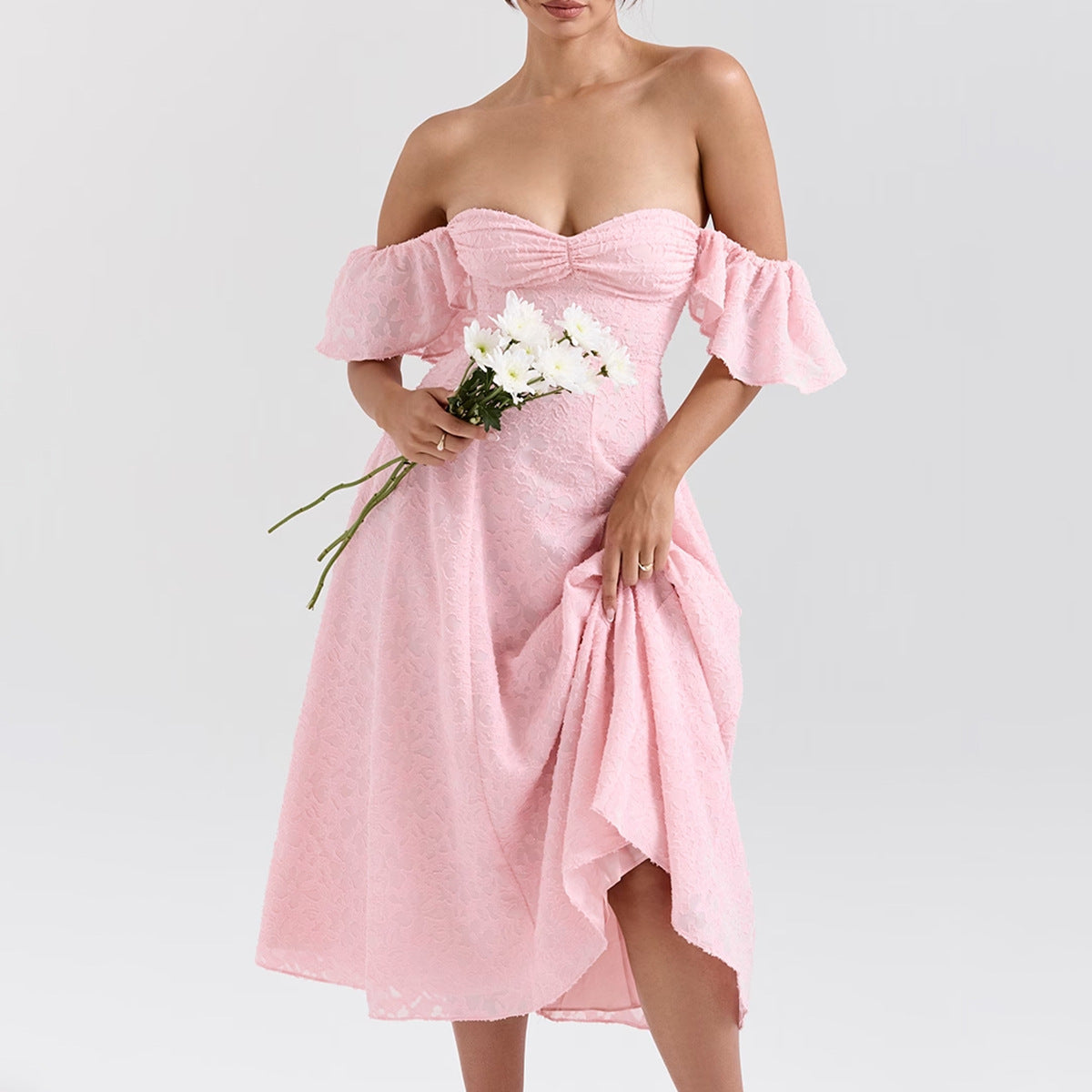 Women's Dress Midi – Lace – Off Shoulder – Flared Fit – Open Back