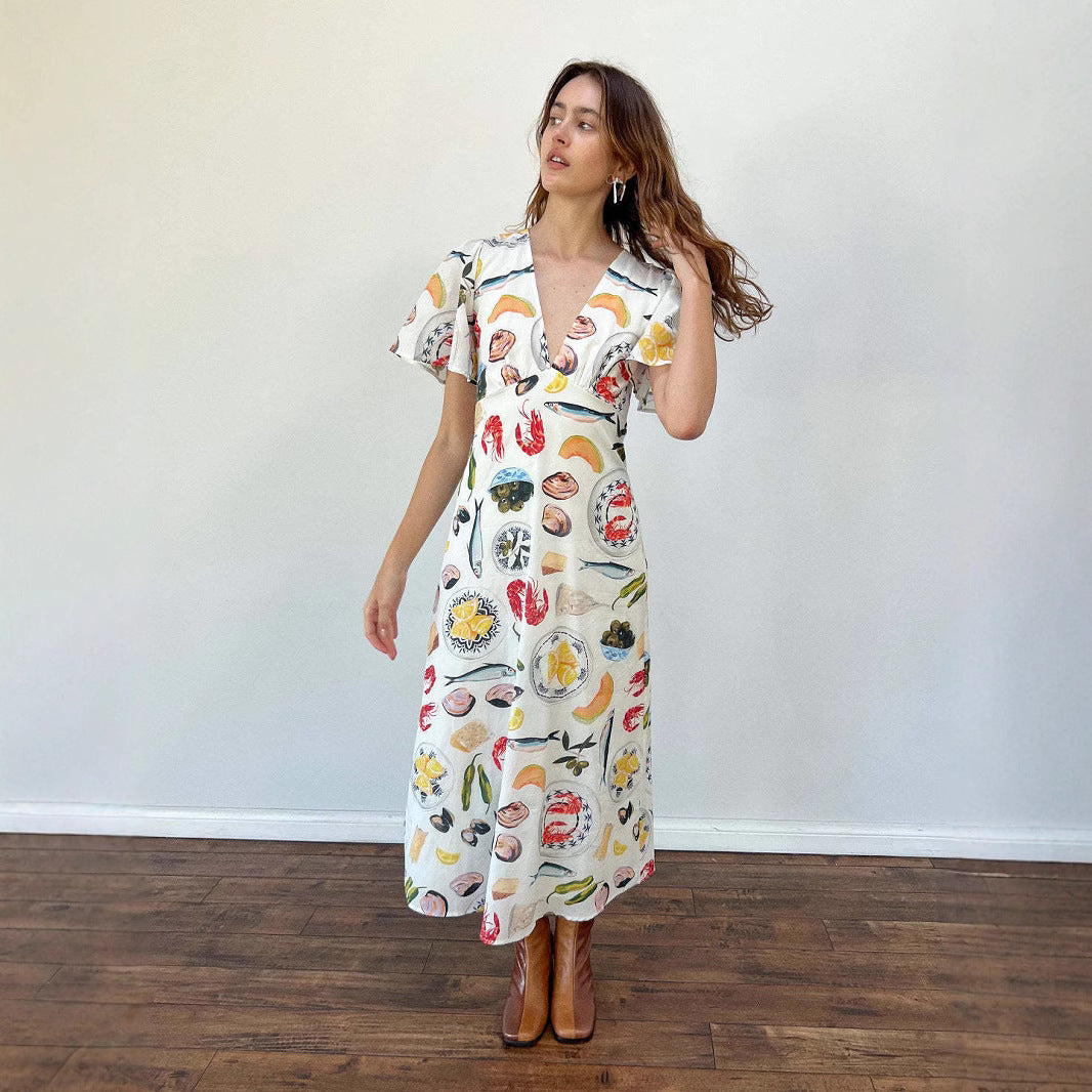 Dress woman – V-neckline – Linen – Loose fit – Knee-length – Buttons short sleeve