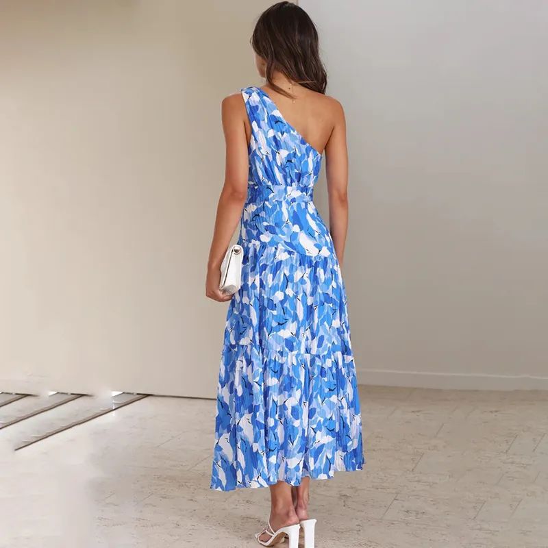 Women's Maxi Dress – One-Shoulder – A-Line Fit – Sleeveless – Breathable Printed Fabric