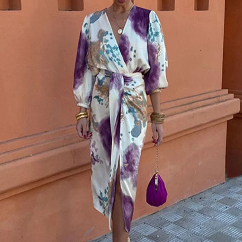 Dress for Women – Wrap Design – Luxurious Fabric – Asymmetric Hem – Puff Sleeves