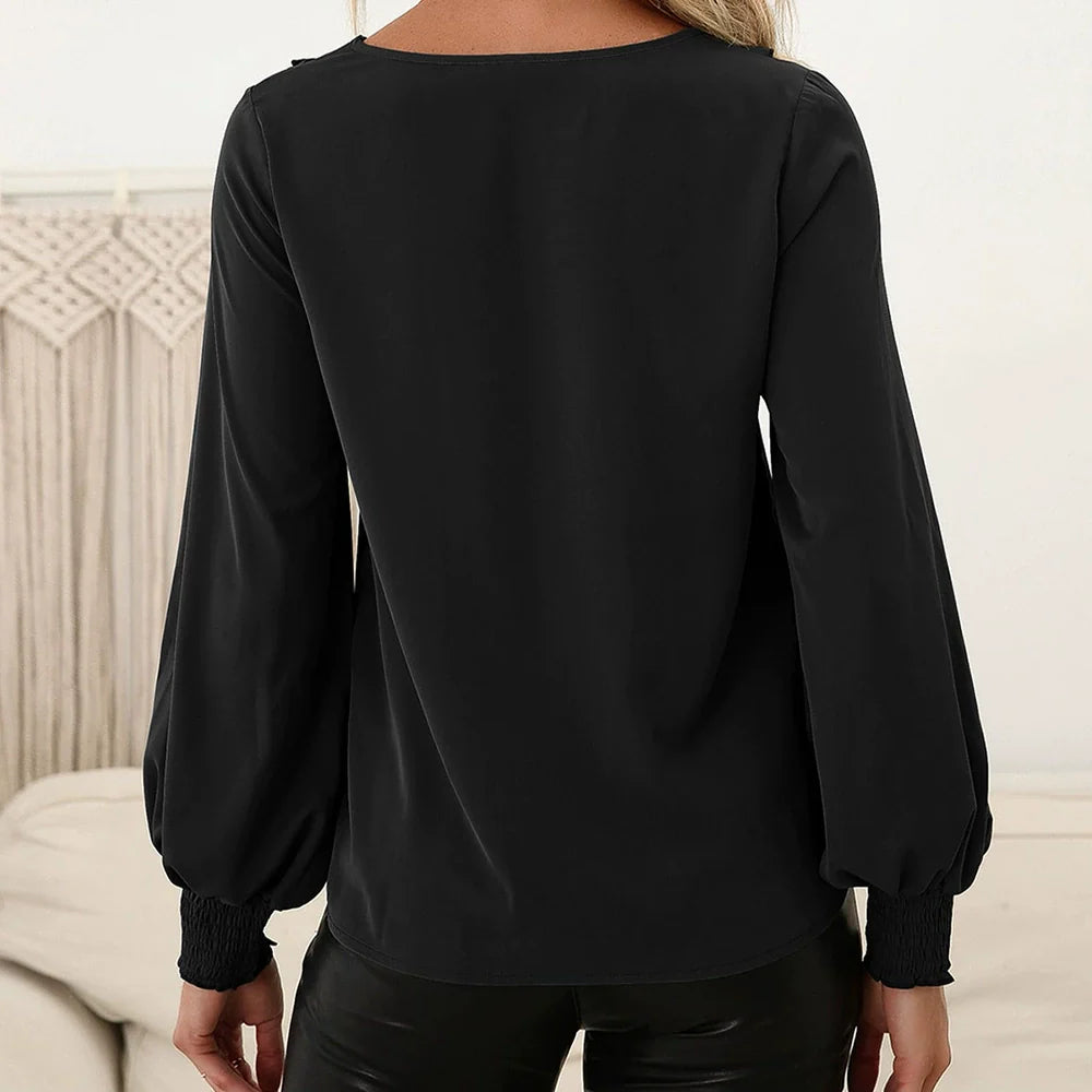Women's Shirt with Long Sleeves – Relaxed Fit – Ruffle Details – Smocked Cuff
