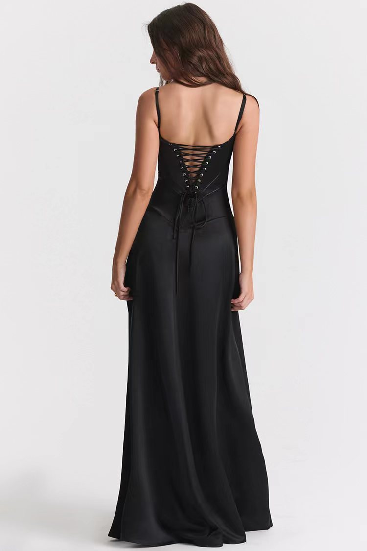 Dress for Women – Satin – Figure-Hugging Fit – Spaghetti Straps – Open Back – Floor-Length