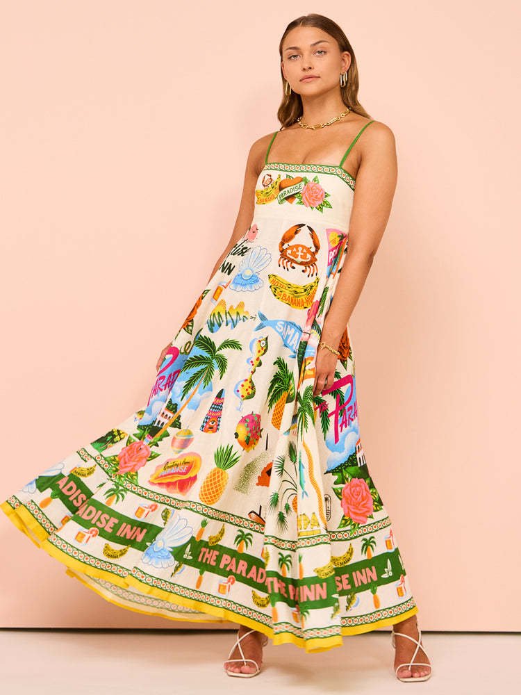 Women's midi dress – A-line fit – Smocked bodice – Spaghetti straps – Patterned