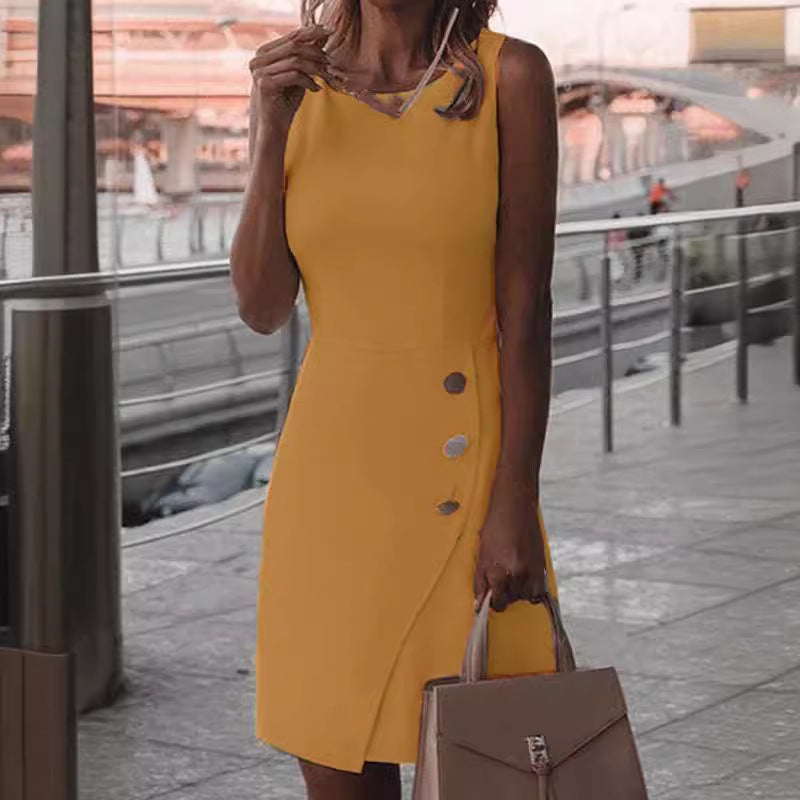 Dress for Women – Slim Fit – High Neck – Sleeveless – Button Detail – Elegant Style