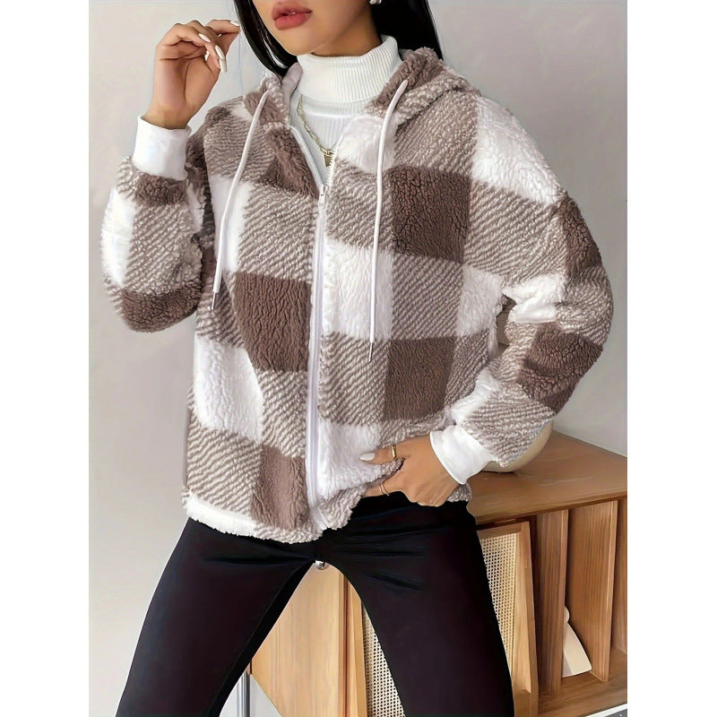 Women's Cardigan with Hood – Oversized Fit – Zipper – Fluffy Texture – Checkered Pattern
