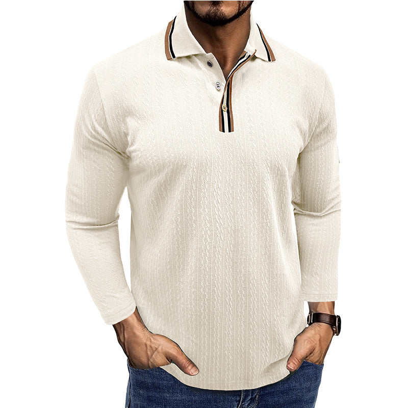Men's Polo Shirt – Tailored Fit – Long Sleeve – Striped Collar – Knitted Texture