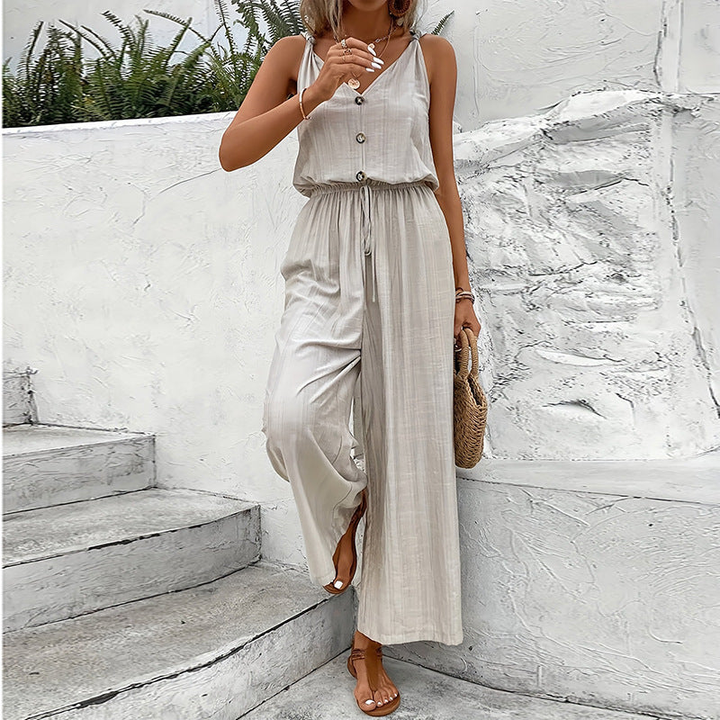 Women's Jumpsuit – Wide Leg – Sleeveless – Buttons – Relaxed Fit Cotton Blend