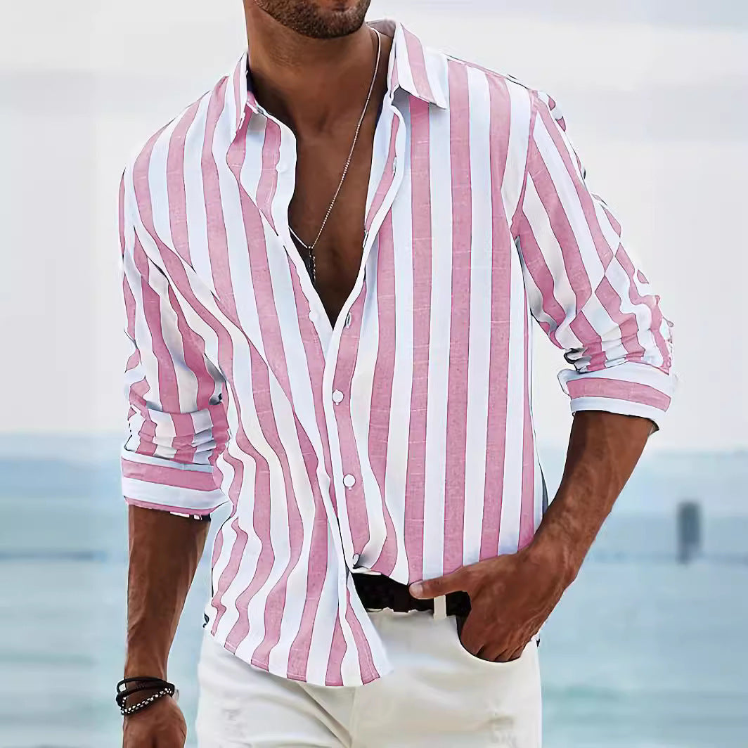 Men's Shirt with Long Sleeves – Cotton Linen Blend – Relaxed Fit – Striped