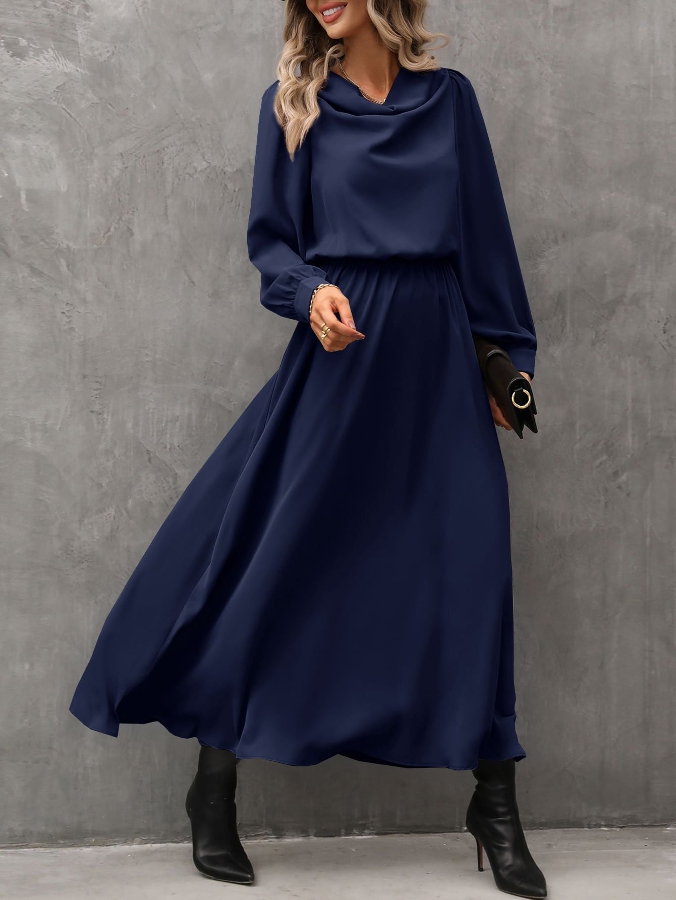 Dress for Women – Midi Length – Draped Fit – Cowl Neck – Long Sleeves – Elegant
