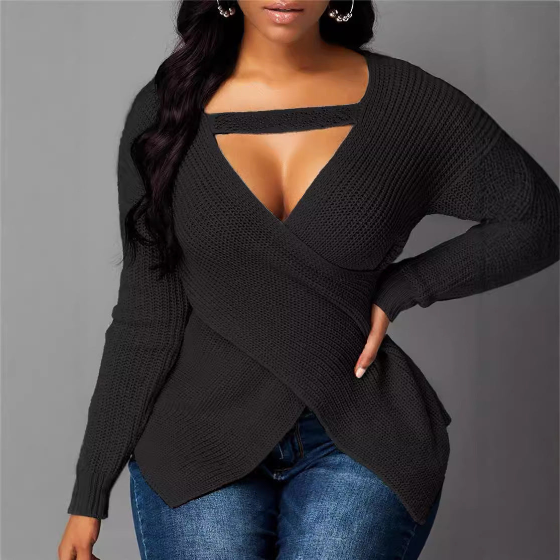 Women's Sweater – Figure-Hugging Fit – Wool Knit – Asymmetric V-Neck with Cross Detail