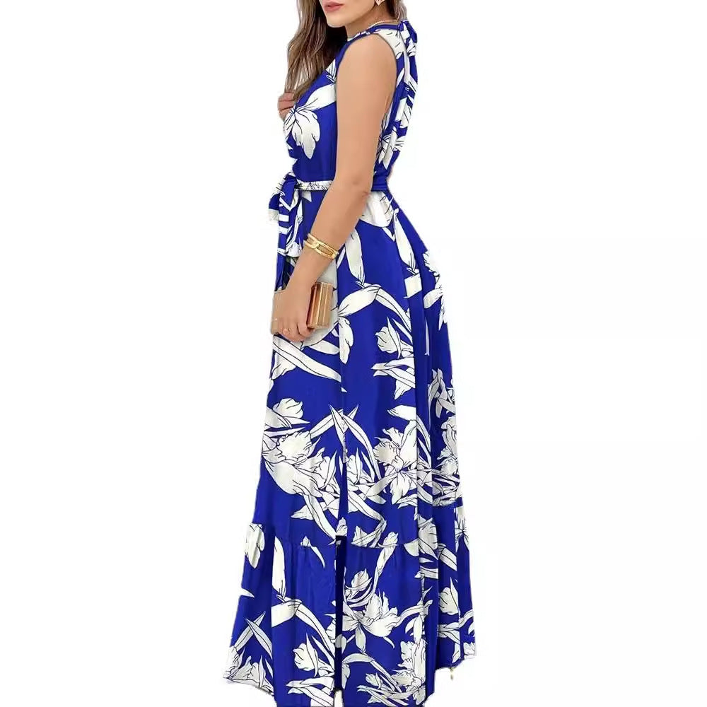 Women's Maxi Dress – Halterneck – Floral Print – Ruffle Hem – Tie Waist – Airy Fit