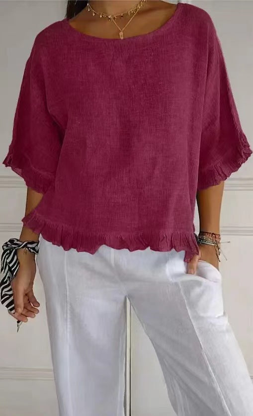 Women's Blouse – Linen and Cotton – Relaxed Fit – Ruffle Edge – Round Neck