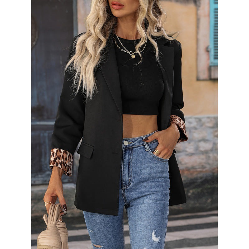 Women's Blazer – Relaxed Fit – Single Fastening – Animal Print Cuff – Pockets