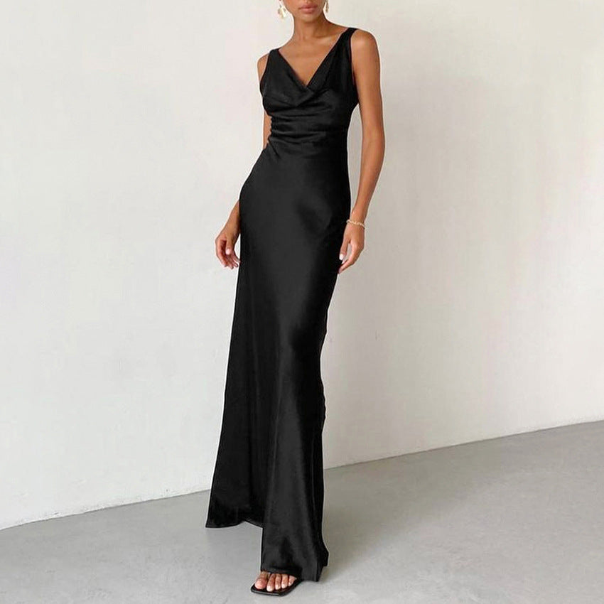 Dress woman – Satin – Slim fit – Draped neckline – Spaghetti straps – Floor-length