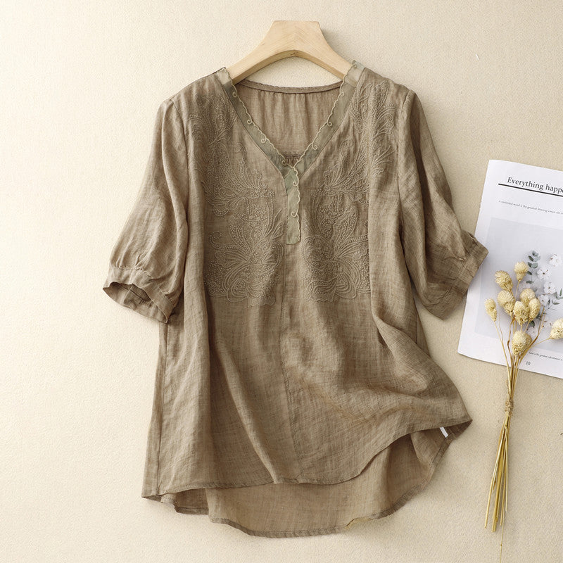 Women's Shirt with Short Sleeves – Loose Fit – Embroidered – Breathable Fabric – V-neck