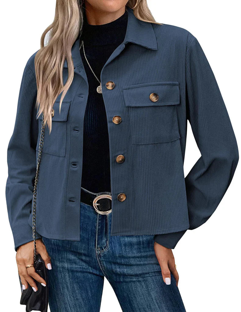 Women's Jacket – Relaxed Fit – Ribbed Texture – Buttons – Chest Pockets