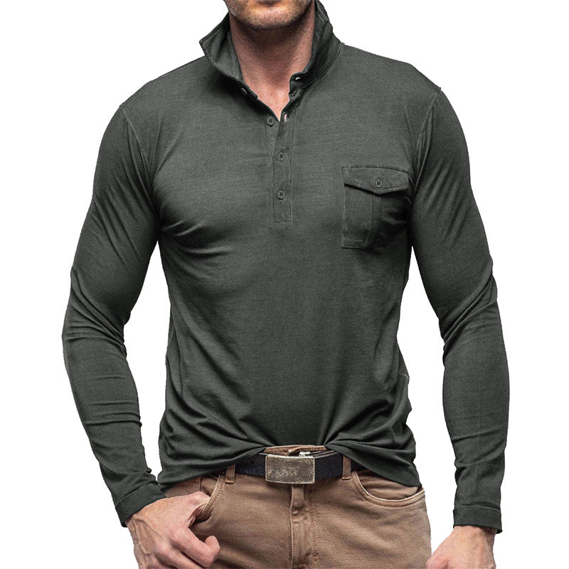 Men's Henley Pique Shirt – Long Sleeve – Modern Collar – Chest Pocket – Regular Fit