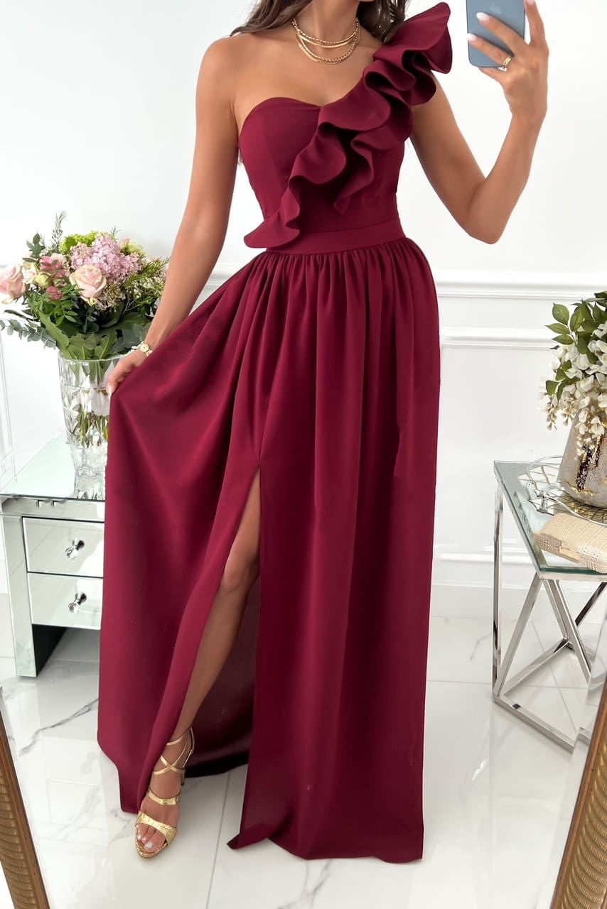 Dress for Women – One-Shoulder Dress with Ruffle – Lightweight – Long with Slit