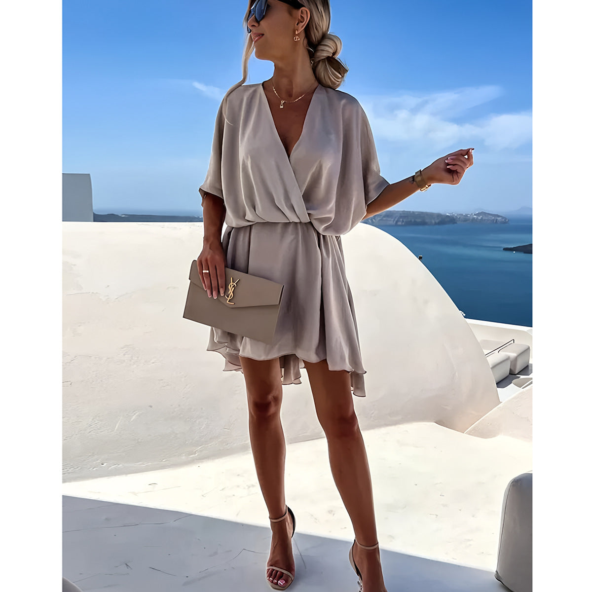 Dress for Women – Relaxed Fit – Batwing Sleeves – Asymmetric Midi Length – Elegant Draping
