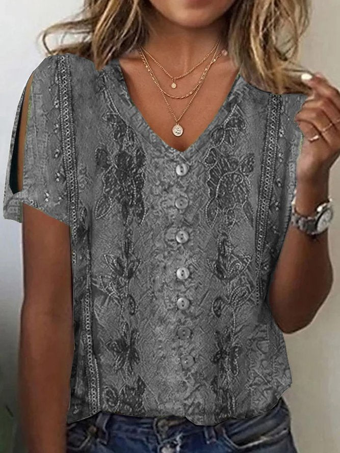 Women's Blouse – Relaxed Fit – V-Neck – Buttons – Embroidered Boho – Soft Fabric