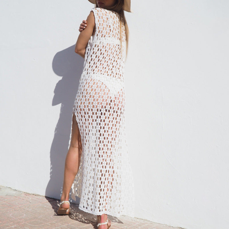 Dress Women Maxi – Crocheted Fabric – Sleeveless – Relaxed Fit – Slit – Transparent
