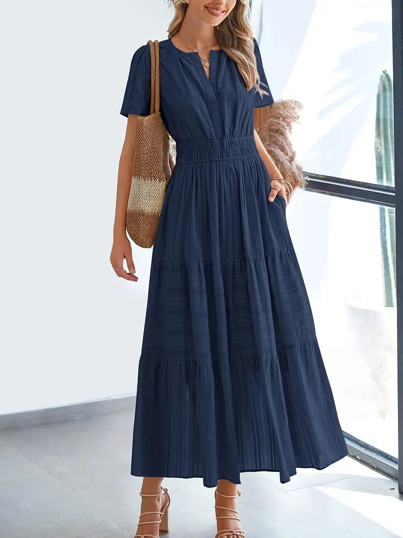 Women's Maxi Dress – V-Neck – Puff Sleeves – Light A-Line – Ruched Waist – Layered Skirt