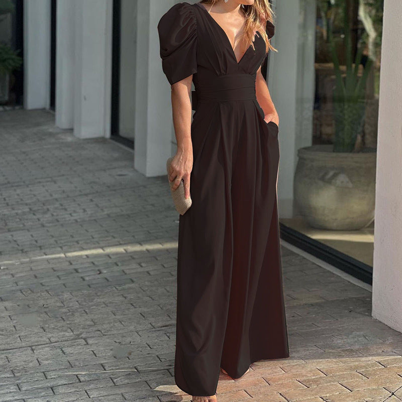 Women's Jumpsuit – Wide Legs – Puff Sleeves – Deep V-neck – Fitted Waist – Elegant Cut