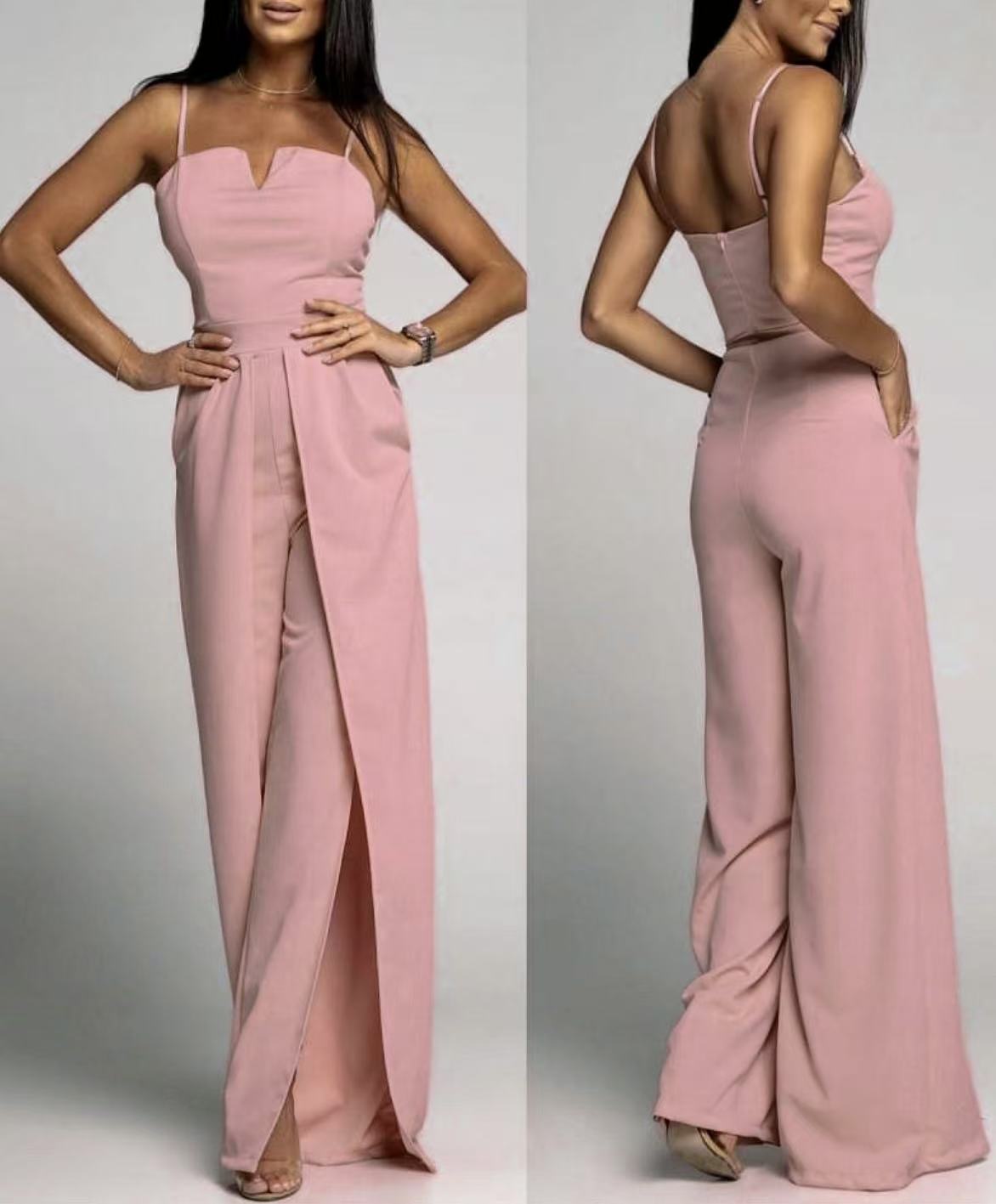 Dame Jumpsuit – Smal Passform – Stroppeløs – Vide Ben med Splitt – Elegant Festantrekk