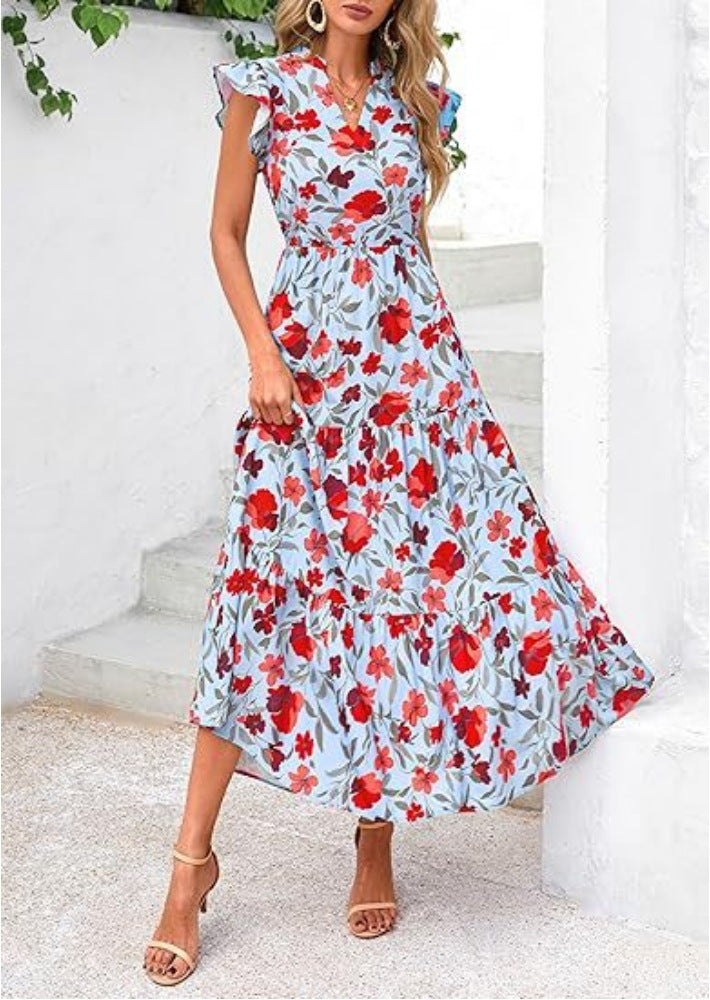Dress for Women – Midi Length – V-Neck – Flared Sleeve – Relaxed Fit – Breathable Fabric – Patterned