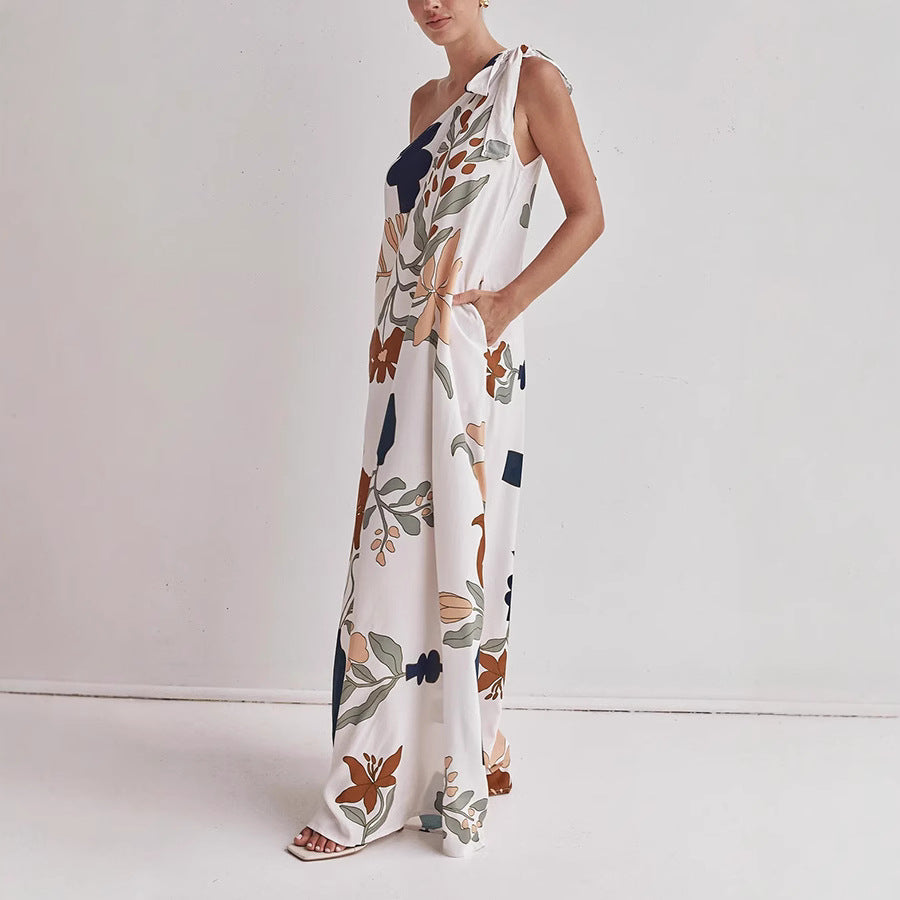Dress for Women – One-Shoulder Design – Loose Fit – Cotton – All-Over Print