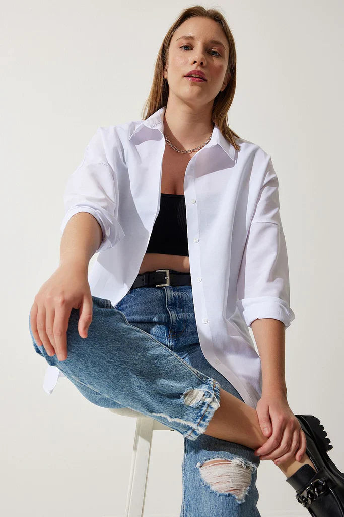 Women's Blouse – Oversized Fit – Long-Sleeved – Cotton Blend – Shirt Collar