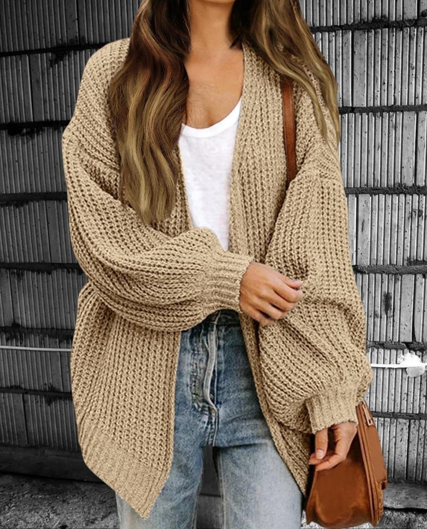 Women's Cardigan – Chunky Knit – Oversized Fit – Open Front – Balloon Sleeves