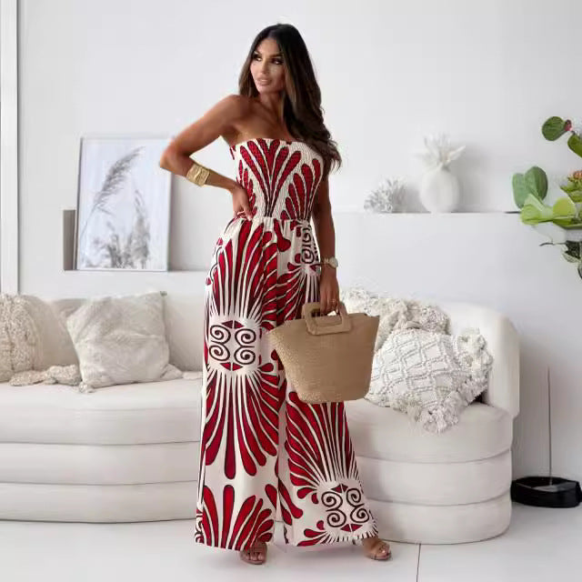 Dame Jumpsuit – Stroppeløs Vid Legg – Smockt Liv – Lett Pustende Stoff – Mønstret