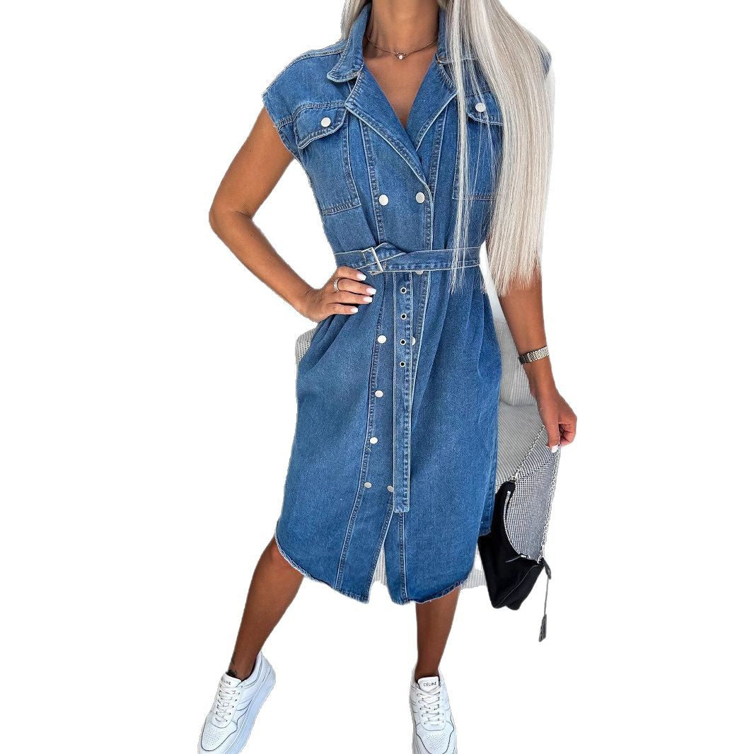 Women's Dress in Denim – Sleeveless – Knee-Length – Belt at Waist – Button Front