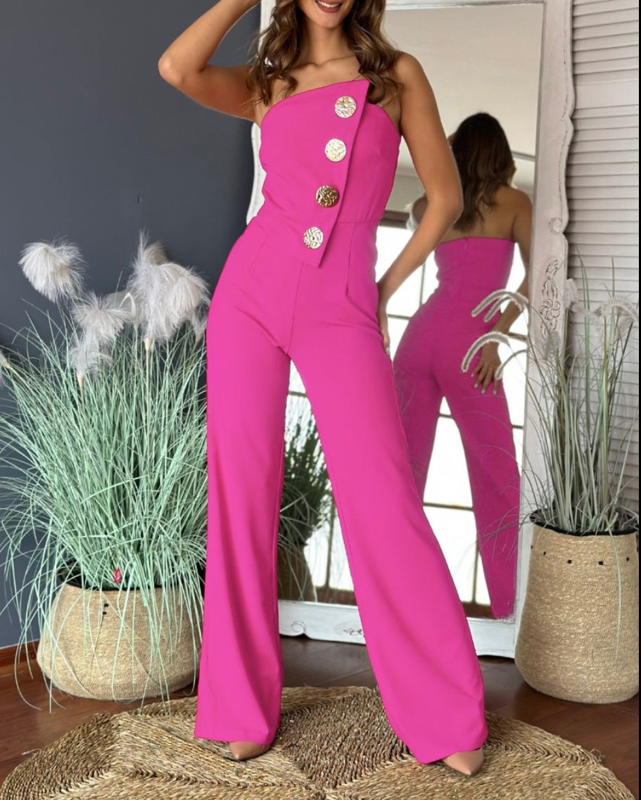 Women's jumpsuit – tailored fit – asymmetrical strapless top – flare legs