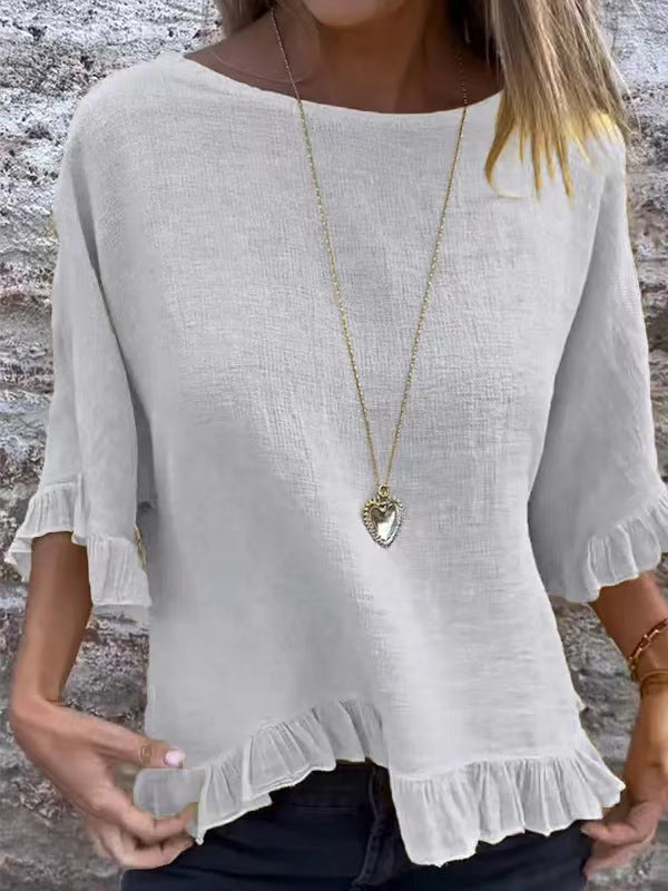 Women's Blouse – Linen and Cotton – Relaxed Fit – Ruffle Edge – Round Neck