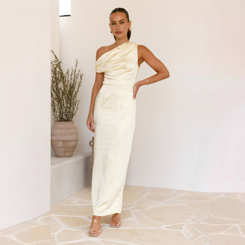 Dress for Women – Midi Length – Bodycon Fit – One Shoulder – Draped Top – Satin Finish