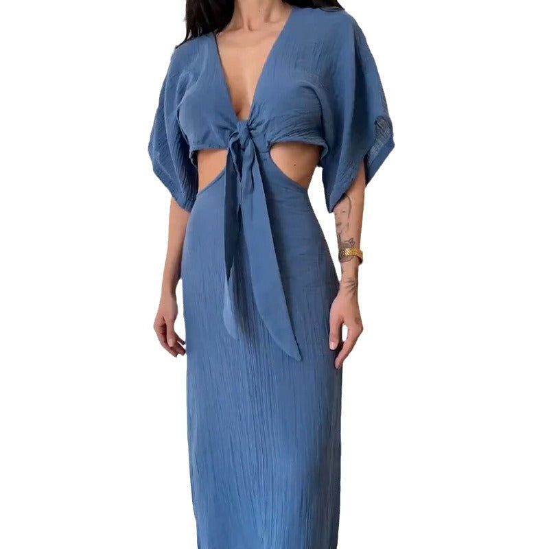 Women's Maxi Dress – Slim Fit – V-Neckline – Waist Cutout – Open Back – Short Sleeve