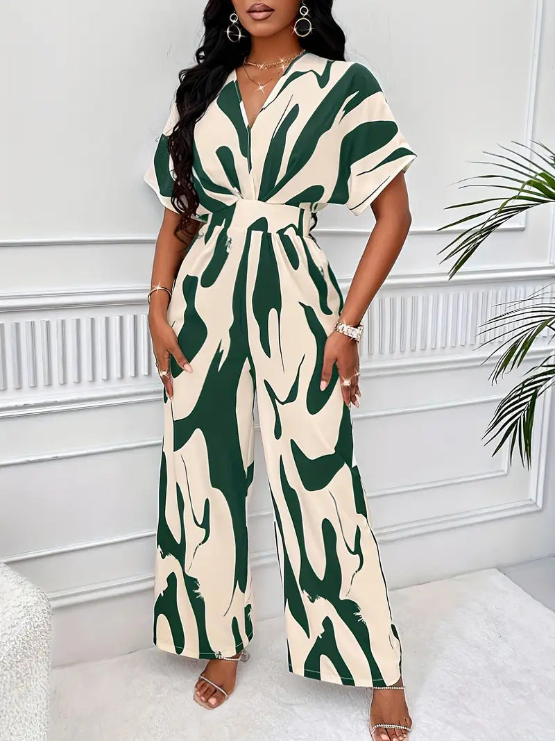 Dame jumpsuit – V-hals – Vidde ben – Korte ermer – Elastisk liv – Abstrakt mønster