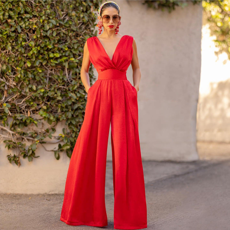 Dame Jumpsuit – Høy Midje – Dyp V-hals – Vid Ben – Ermeløs Elegant Passform