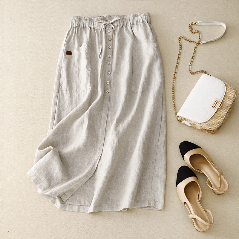 Women's A-line Skirt – Natural Material – Midi Length – Elastic and Tie – Pockets
