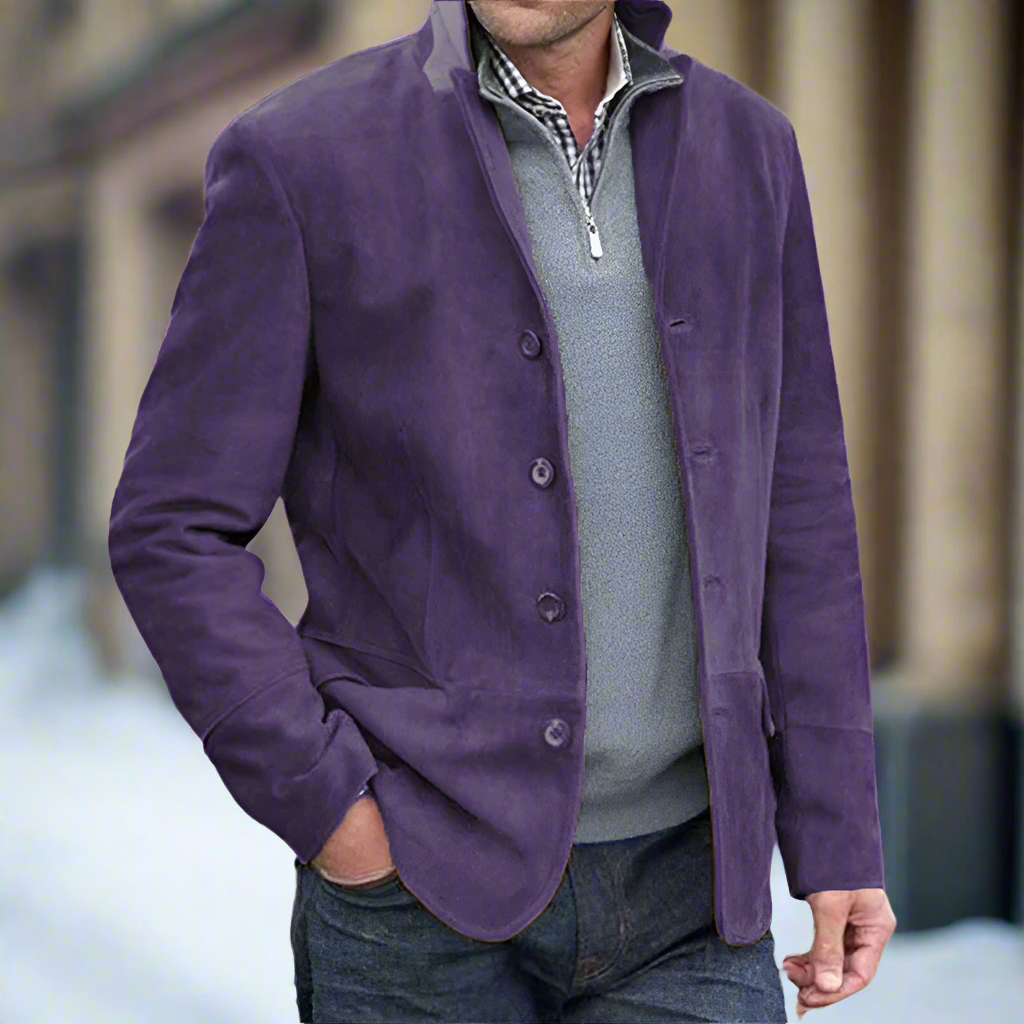Men's Leather Jacket - Suede Leather - Classic Cut - High Collar - Button Closure