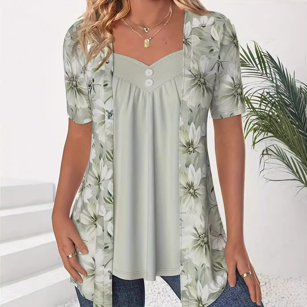 Women's Top – Relaxed Fit – Sweetheart Neckline – Floral Print Layered Look