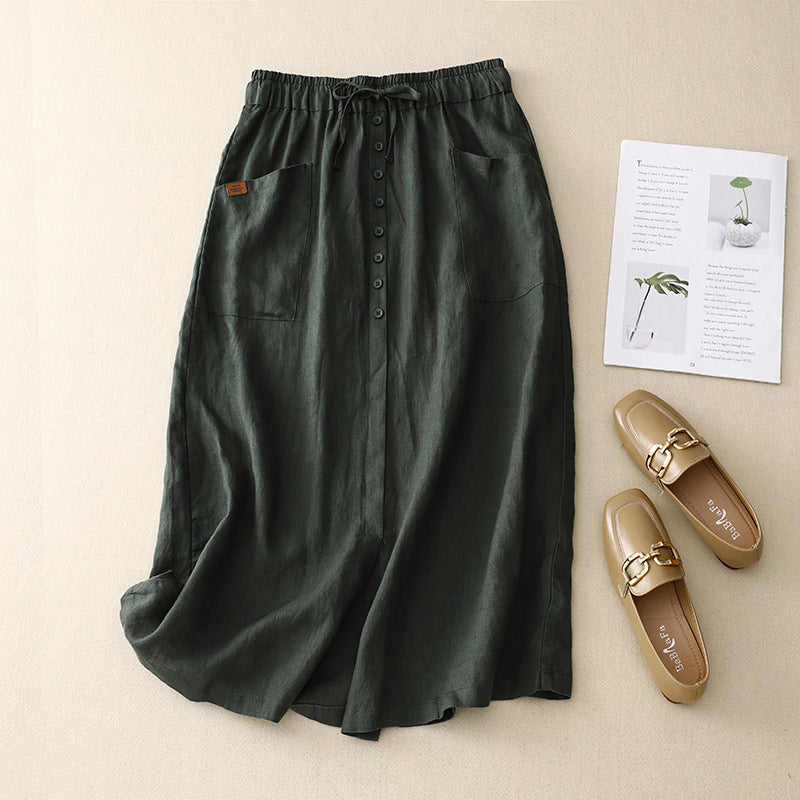 Women's A-line Skirt – Natural Material – Midi Length – Elastic and Tie – Pockets