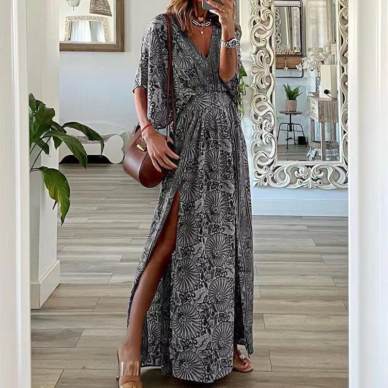 Dress woman – Bohemian pattern – V-neck – Relaxed fit – Short sleeve – Side slit