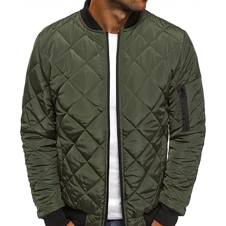 Men's Jacket – Padded Cotton Blend – Regular Fit – Check Quilt – Zipper Closure