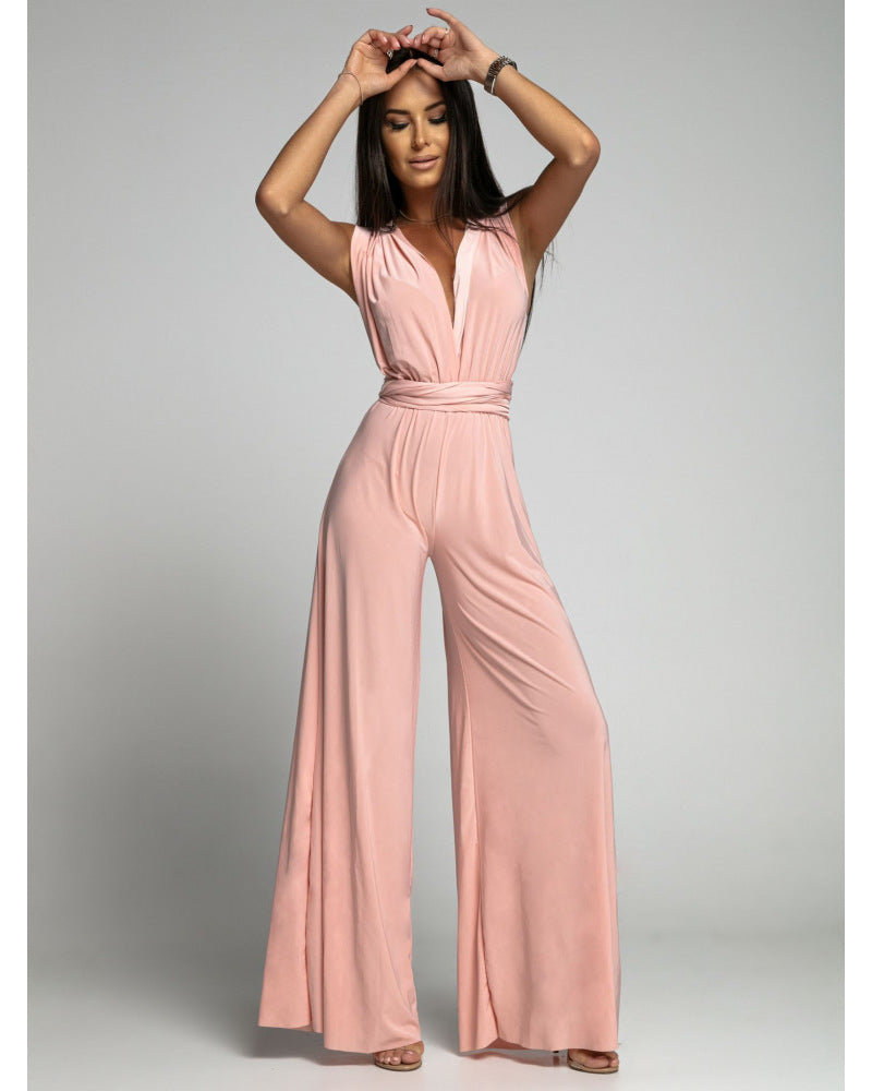 Women's Jumpsuit – Sleeveless – Wrap V-Neckline – Wide Legs – Comfortable Fit