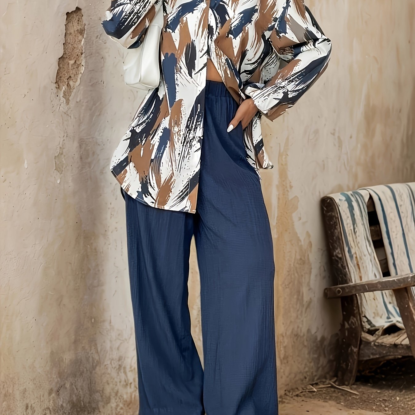 Women's Set – Printed Long Sleeve Blouse – Wide Leg Pants – Comfortable Fit