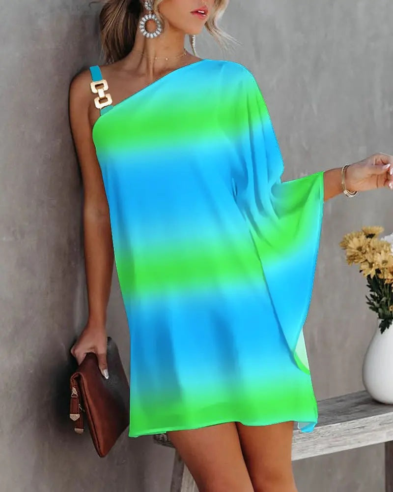 Dress for Women – Off-Shoulder – Loose Fit – Batwing Sleeves – Metal Strap – Knee-Length